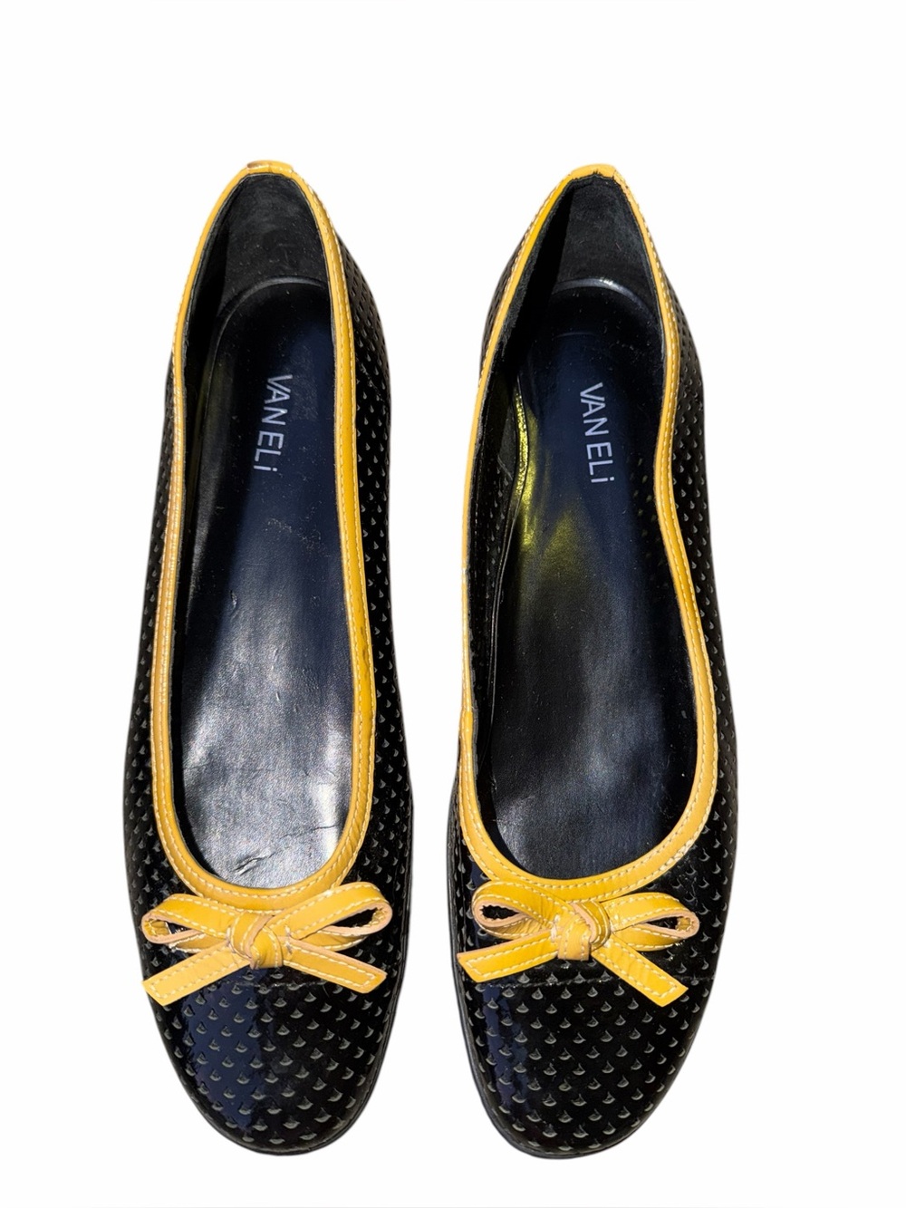 Vaneli Black Leather Ballet Flats with Yellow Trim and Bow Size 12